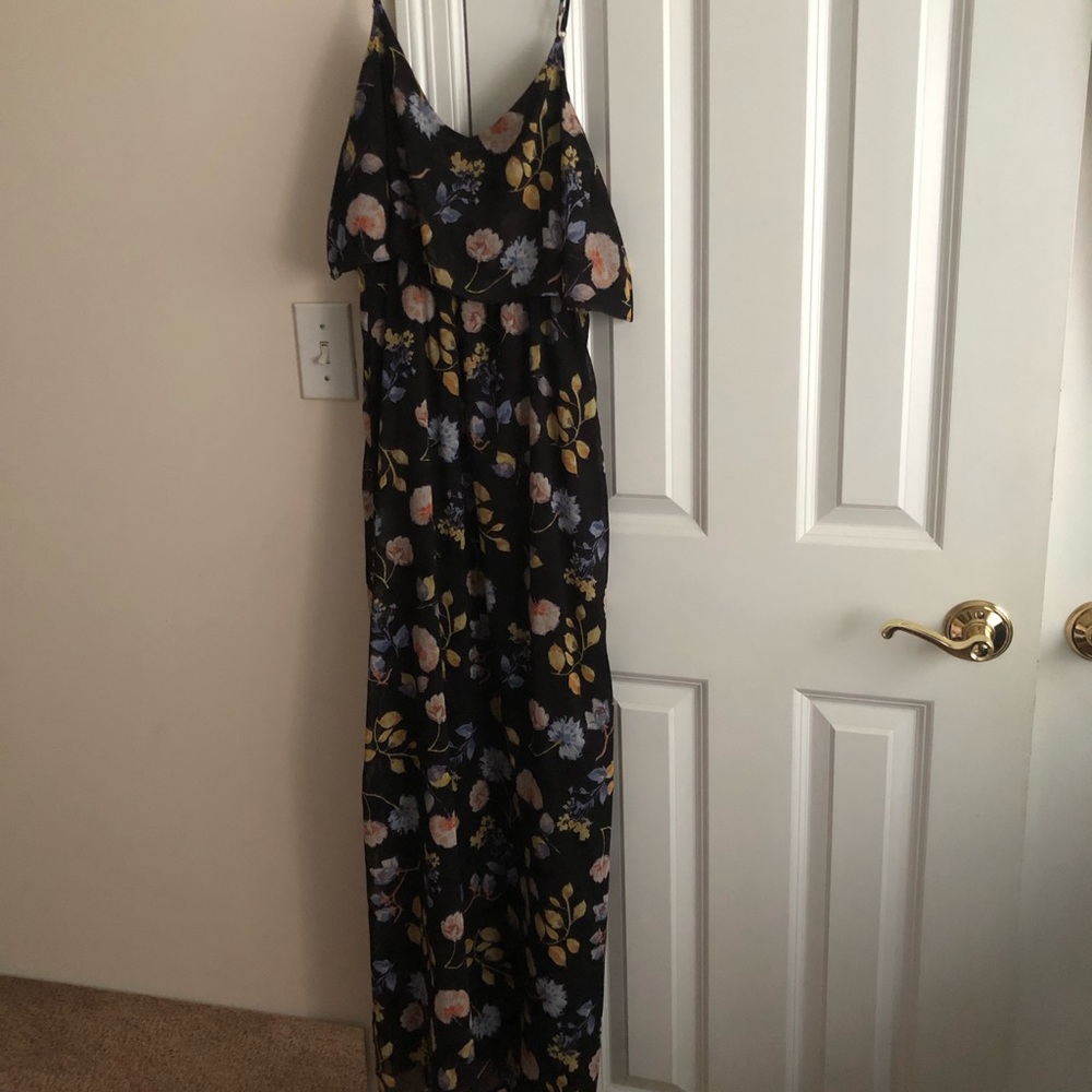 Floral maxi dress spaghetti strap navy blue